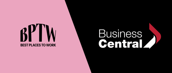 bestplaces to work logo on left with pink background, and business central logo on right with black background.