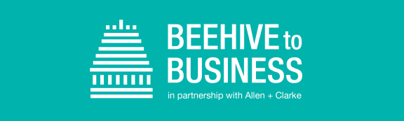Teal background with white text reading Beehive to Business