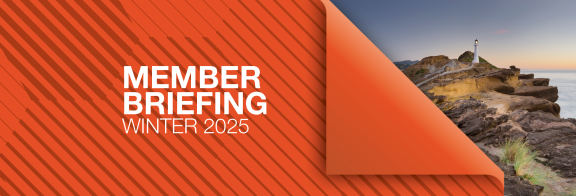 Orange envelope motif folds over to the left to reveal "Member Briefing Winter 2025"