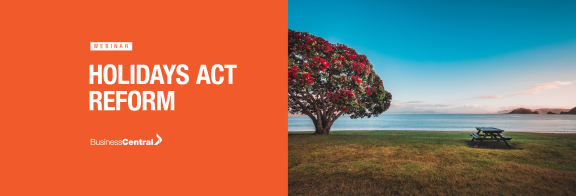 Orange background with white text reading "Holidays Act Reform Webinar"