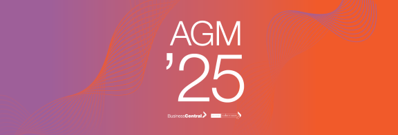 Orange and violet background motif with "AGM '25" text in white over the centre.